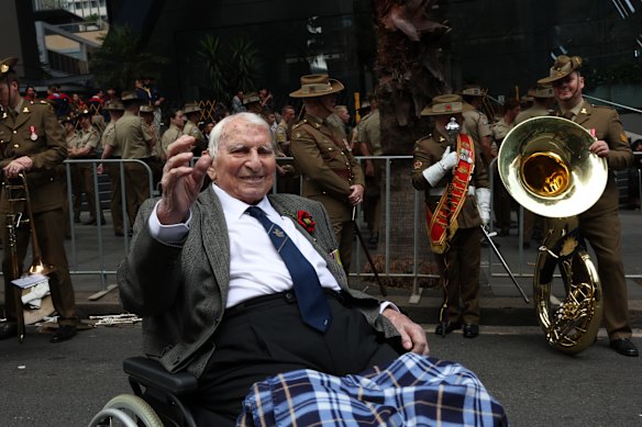 WWII veteran, 99-year-old Roy Pearsonat, at the start of the Anzac Day march in Sydney.