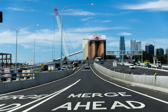 The second merge heading on to the Anzac Bridge from Victoria Road, with a third - and very tight - merge in the distance.