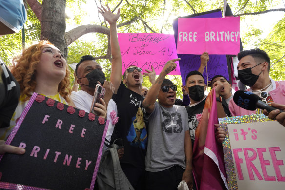 Britney Spears supporters celebrate outside the Stanley Mosk Courthouse.