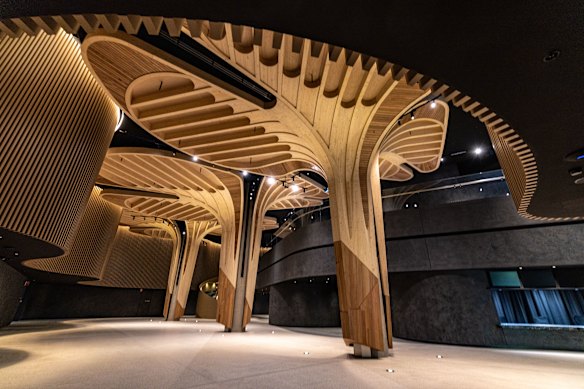 The centrepiece of the space is 13 sculptural timber trees as tall as 17 metres.
