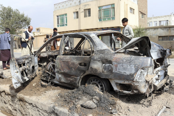 A vehicle damaged by a rocket attack in Kabul, near the international airport.