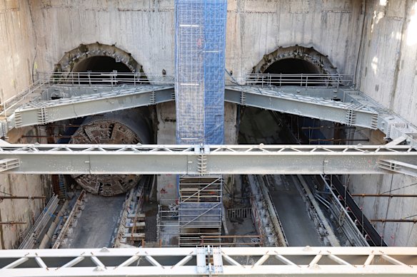 The giant hole dug for the Parramatta metro station has numerous support beams due to the composition of the earth. 