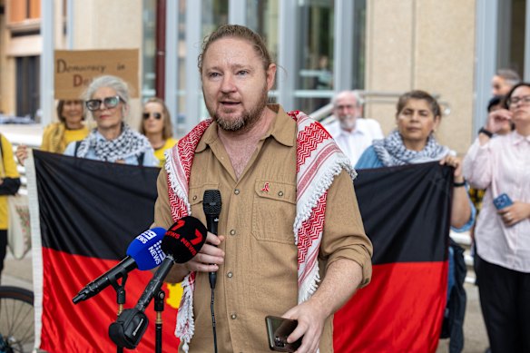 Palestine Action Group’s Josh Lees outside the NSW Court of Appeal before the group’s constitutional challenge to protest laws.