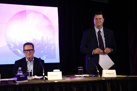 ARN chief executive Michael Stephenson (left) and chair Hamish McLennan faced angry investors at the meeting.