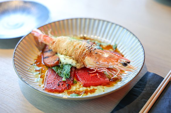 Prawn wrapped in kataifi pastry.