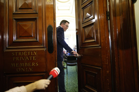 Daniel Andrews enters what will become his final Labor caucus meeting. 