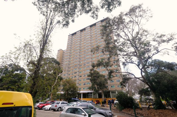 A public housing tower on Racecourse Road in Flemington, one of the first of 44 such towers set for demolition.