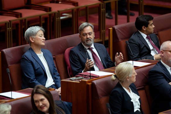 Liberal senator Andrew McLachlan and Foreign Minister Penny Wong, after McLachlan crossed the floor to vote against a Coalition amendment on the censuring of Pauline Hanson.