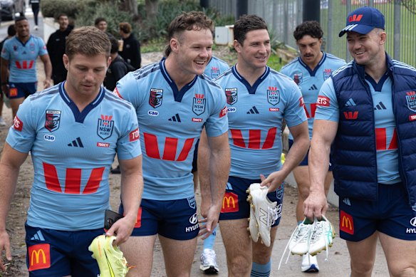 NSW Blues players arrive for a media call at the NSWRL Centre of Excellence on Monday. 