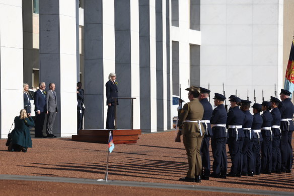 Governor-General designate Sam Mostyn receives a General Salute at the front of Parliament House.