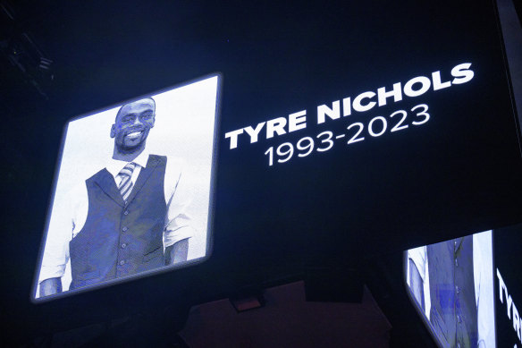 A screen honours Tyre Nichols before an NBA basketball game between the New Orleans Pelicans and the Washington Wizards.