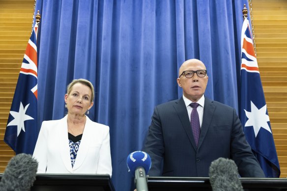 Deputy Liberal leader Sussan Ley and leader Peter Dutton announce the party’s stance on the Voice referendum.
