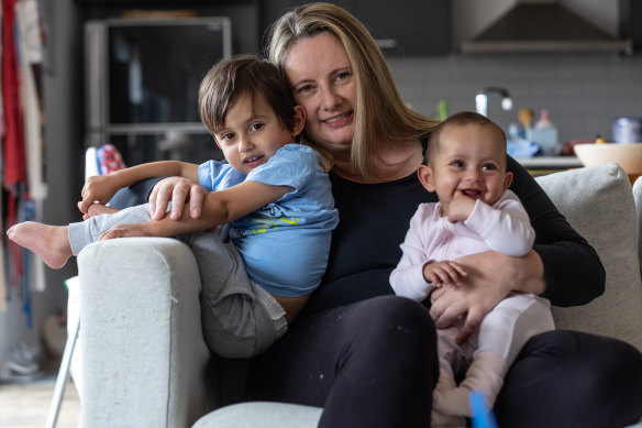 Carrie Cooper-Moore and her two children,  Jonathan, 3 and six-month-old Aisling.