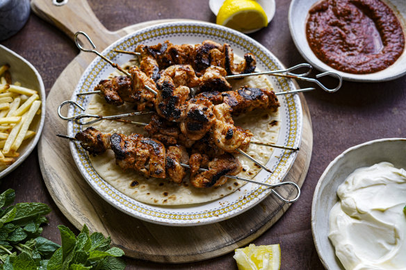 Serving suggestion: Chicken shish with flatbread, hot chips, yoghurt and mint.