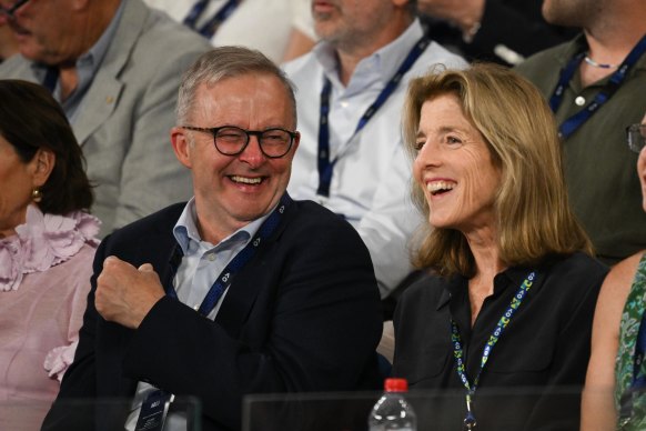 Prime Minister Anthony Albanese, left, sits with the United States ambassador to Australia, Caroline Kennedy.