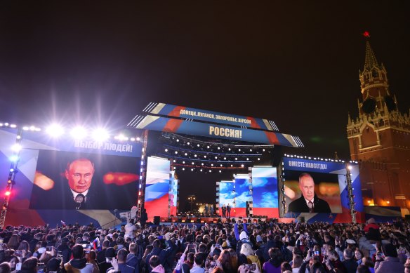 President Vladimir Putin speaks at a ceremony in Moscow marking the incorporation of four Ukrainian territories into Russia.