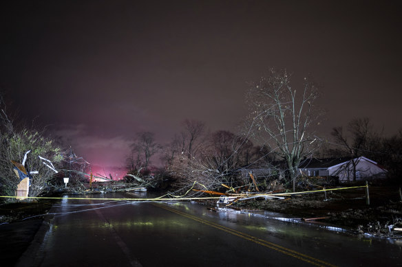 Damage from severe weather is seen on Nesbitt Lane in the Madison area of Nashville late on Saturday.