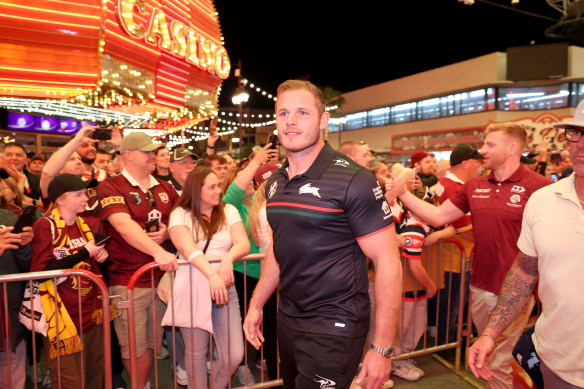 The Rabbitohs’ Thomas Burgess greets fans during the NRL season launch at Fremont Street, Las Vegas.