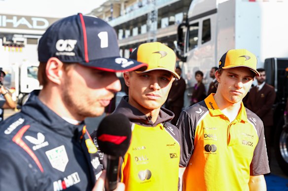 The awkwardness of the pre-race media commitments together on the biggest day of their careers: Max Verstappen, Lando Norris and Oscar Piastri.