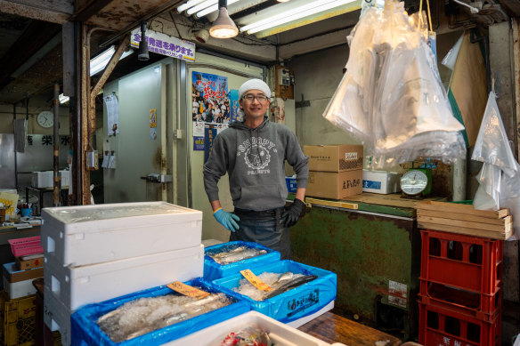 Michiyasu Sato at Toei Suisan fish shop in Tsukiji market in Tokyo. 