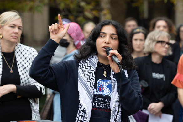Melbourne University student Dana Alshaer speaks at a staff rally in solidarity with the pro-Palestine protest camp on Thursday.