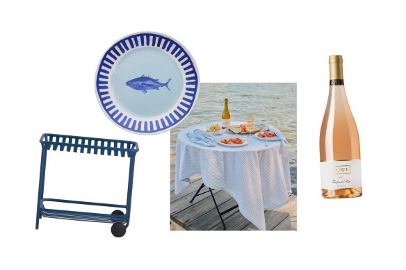 “Laney” bar trolley; “Riviera” plate; “Paradis” tablecloth; Lowe “Zinfandel Rosé“.  