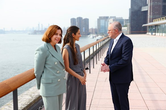 Chanel Contos (centre) travelled to New York City with Communications Minister Anika Wells and Prime Minister Anthony Albanese in September. The trio were there to promote the social media ban at the United Nations.