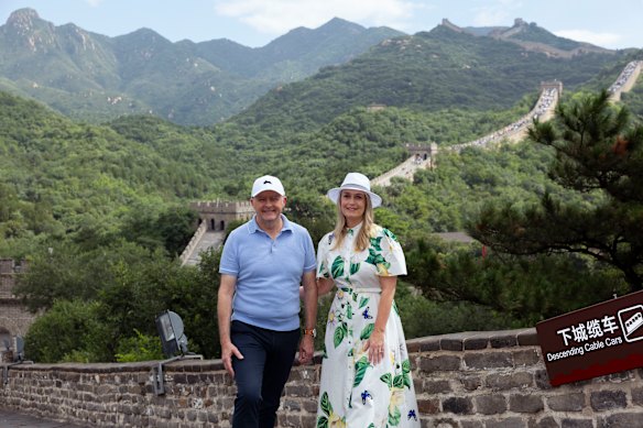 Prime Minister Anthony Albanese and fiancee Jodie Haydon pose for a photo on the Great Wall of China on Wednesday.