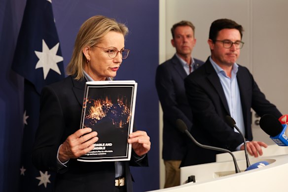 Opposition Leader Sussan Ley, Nationals leader David Littleproud and energy and emissions reduction spokesman Dan Tehan (centre) release the Coalition’s energy policy on Sunday.