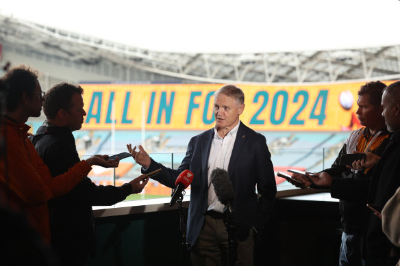 Wallabies coach Joe Schmidt speaks to media at Accor Stadium.