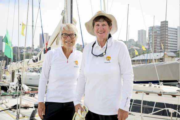 Kathy Veel (left) and Bridget Canham on Currawong in Sydney before the race start.