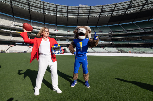 Victorian Premier Jacinta Allan with LA Rams mascot Rampage announcing NFL games at the MCG.