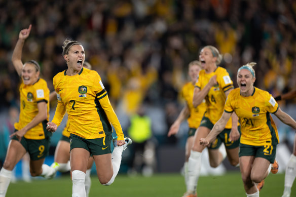 Australia’s Steph Catley celebrates scoring their first goal.