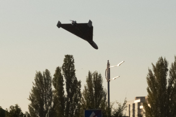 A drone approaches during an attack in Kyiv on Monday.