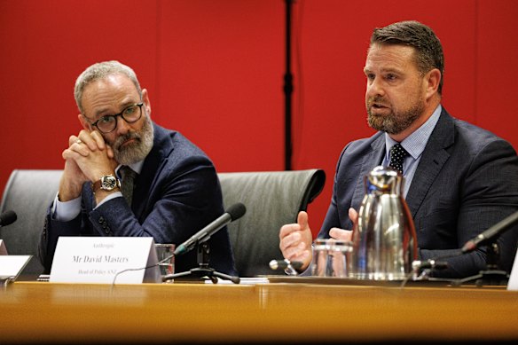 Anthropic’s head of product policy, Charlie Hale, and head of policy, David Masters, at the federal parliamentary AI inquiry at State Parliament House.