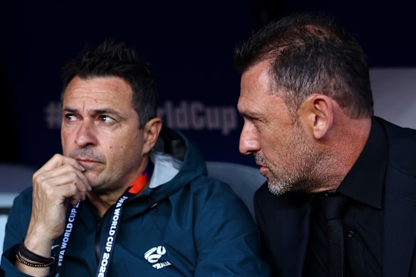Socceroos coach Tony Popovic (right) and assistant Paul Okon will have plenty of questions to answer.