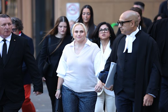 Rebel Wilson arrives at court to give evidence in her defamation case.