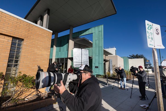 Media at the hearing outside the Latrobe Valley Law Courts in Morwell.