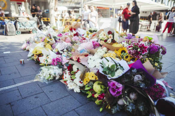 Tributes to the victims at Bondi Junction yesterday.