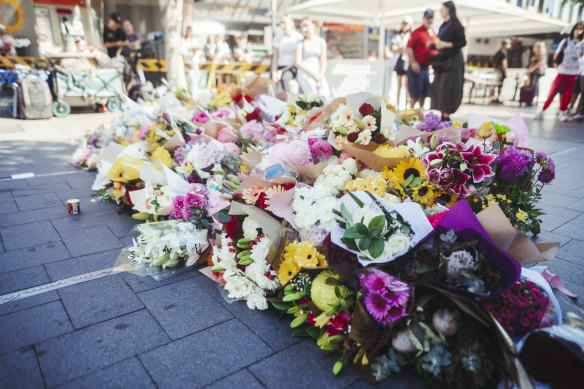 Tributes to the victims at Bondi Junction on Sunday.