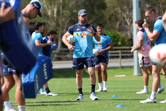 New Gold Coast head coach Josh Hannay lays down the law at training.
