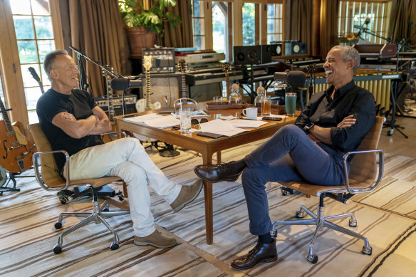 Bruce Springsteen appears with  former President Barack Obama during their podcast of conversations recorded at Springsteen’s home studio in New Jersey. 