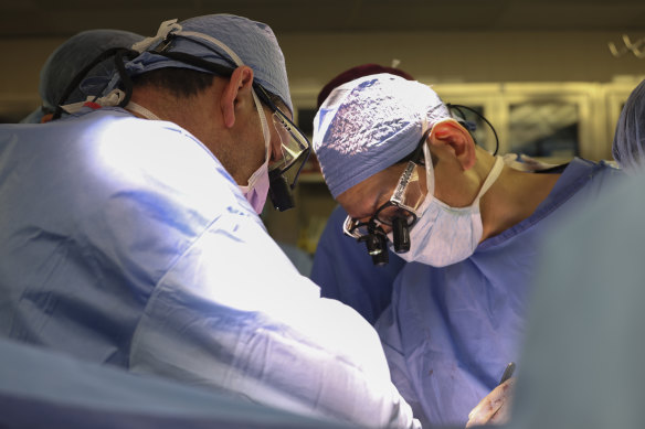 Massachusetts General Hospital transplant surgeons Dr Nahel Elias, left, and Dr Tatsuo Kawai perform the surgery of a transplanted genetically modified pig kidney into a living human.