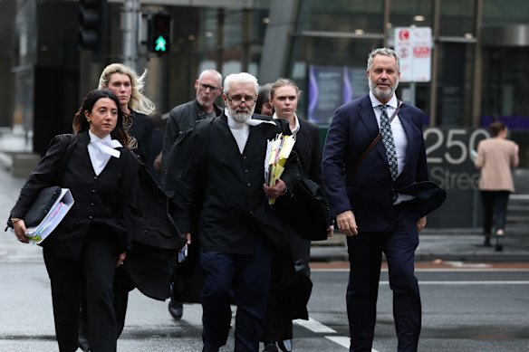 Erin Patterson’s lawyers Veronika Drago (left), Richard Edney (centre), and Bill Doogue (right) outside court today.