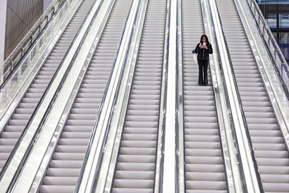 The escalators near the underground concourse connecting State Library station and Melbourne Central.