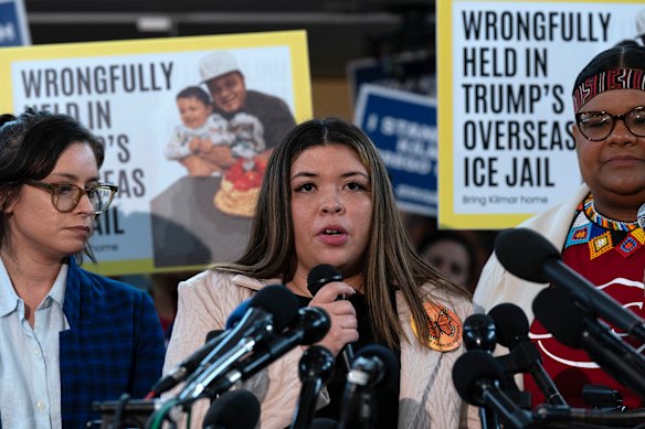 Jennifer Vasquez Sura, the wife of Kilmar Abrego Garcia, speaks to the media during a press conference earlier in April.