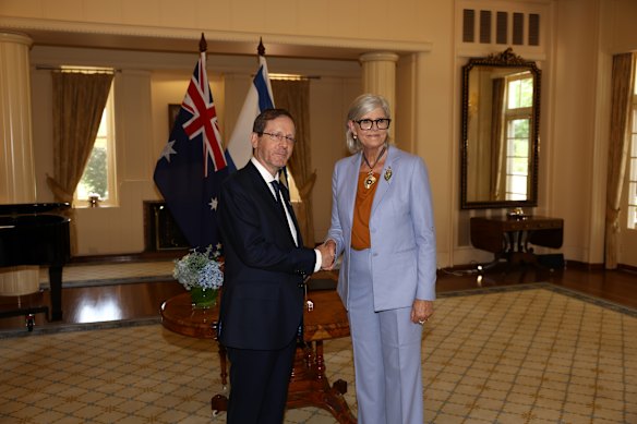 Governor-General of Australia, Sam Mostyn, with President of the State of Israel, Isaac Herzog, during a meeting at Government House in Canberra on February 11, 2026.