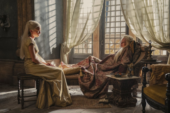 Princess Rhaenyra Targaryen (Milly Alcock) and Princess Rhaenys Targaryen (Eve Best) in House of the Dragon.