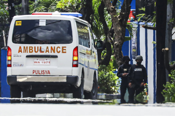 An ambulance at the PNP Custodial Compound on Sunday October 9, 2022, where police killed three inmates, including a top Abu Sayyaf militant.