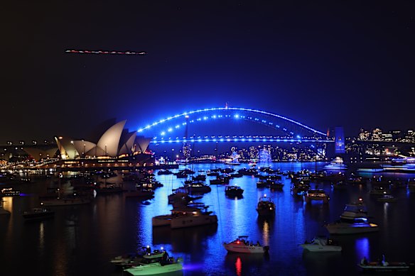 The Sydney Harbour Bridge is illuminated in recognition of the City of Sydney’s official charity partner, Beyond Blue.
